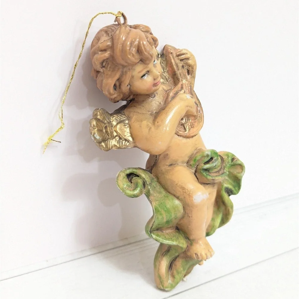 Vintage Baroque Angel Cherub w/Mandolin Blowmold Figure Christmas Ornament